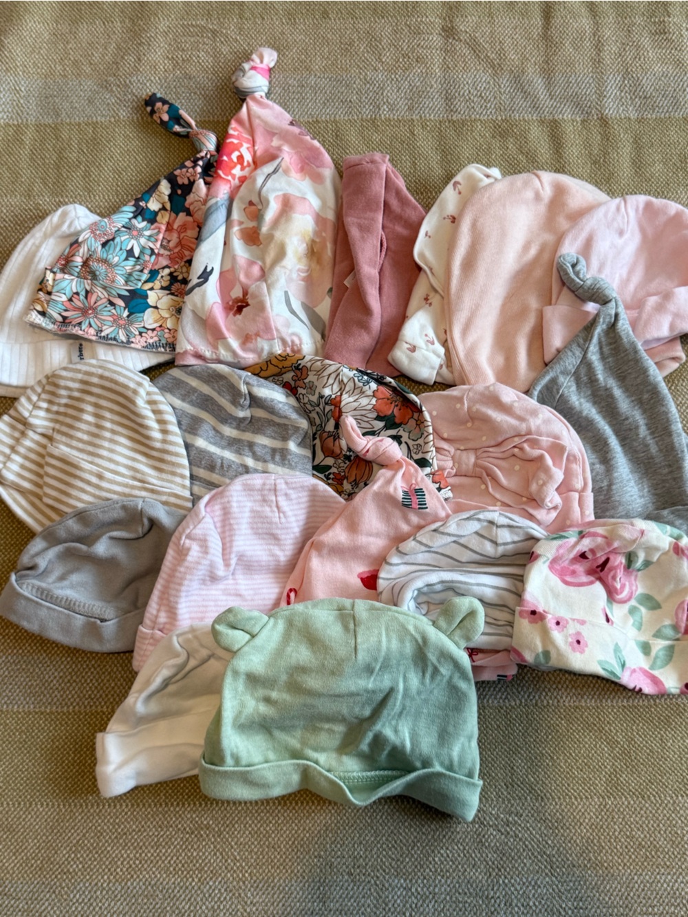 Set of 19 Mixed Baby Beanie Hat Bundle - Pastel Pink, Mint, Gray & Floral